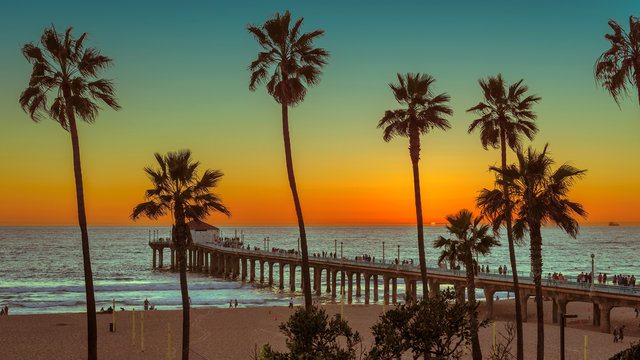 Palm-lined pier at sunset, Southern California